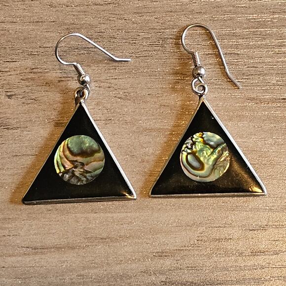 Vintage Alpaca Mexico Black Triangle Dangle Earrings Inlaid Abalone Circles - Picture 1 of 6